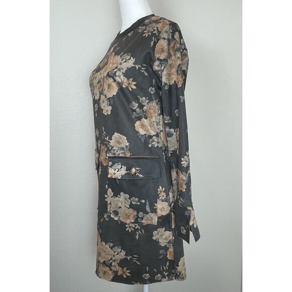 AND Longsleeve Mini Gray Floral Print Shift Dress Faux Suede Fall 90’s-8 - Picture 4 of 13